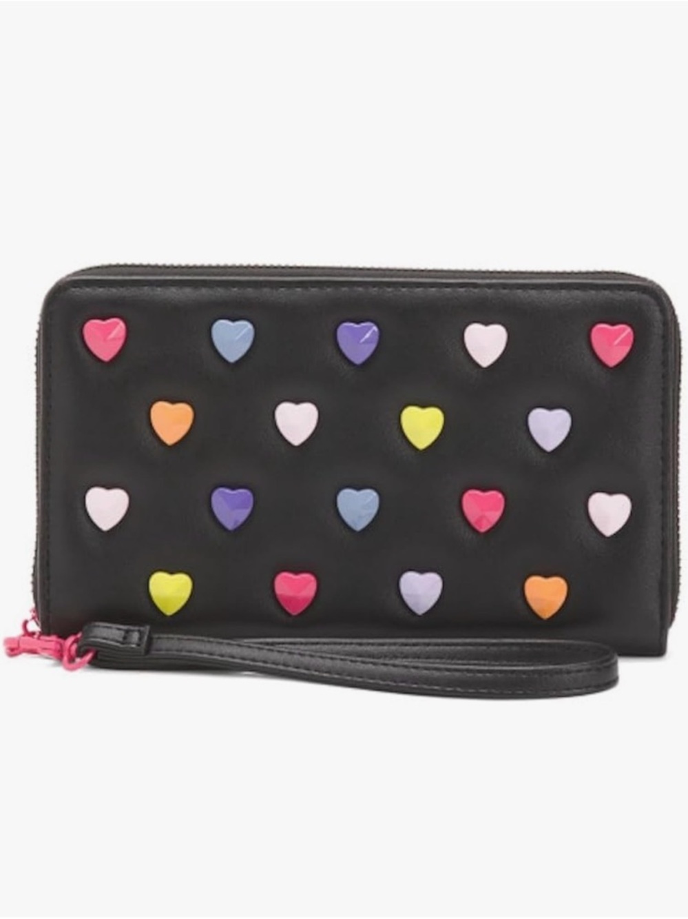 Betsey Johnson Black Wristlet with Multicolor Heart Studs